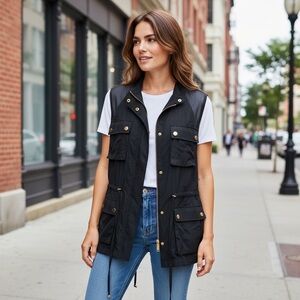 Vince Camuto Black Sleeveless Sheer Side Vents Gold Hardwear Drawstring Waist.